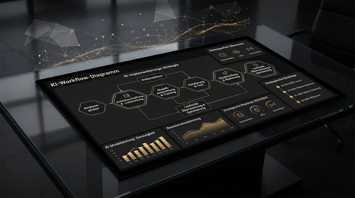 KI Agenten Workflow-Diagramm: Implementierungsstrategie für autonome AI Agents. Analysephase, Modellauswahl, Training, Validierung, Deployment. KISO