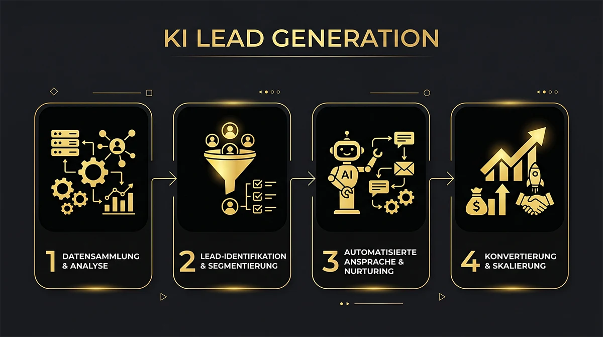 Lead Generation System: 4-Schritte KI-Prozess von Datensammlung ueber Lead-Identifikation und Ansprache bis Konvertierung von KISO