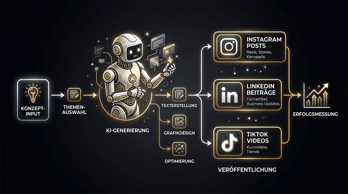 KI Social Media Agentur: Automatisierter Content-Workflow. Konzept, KI-Generierung, Texterstellung, Grafikdesign, Veröffentlichung auf Instagram, LinkedIn, TikTok. KISO