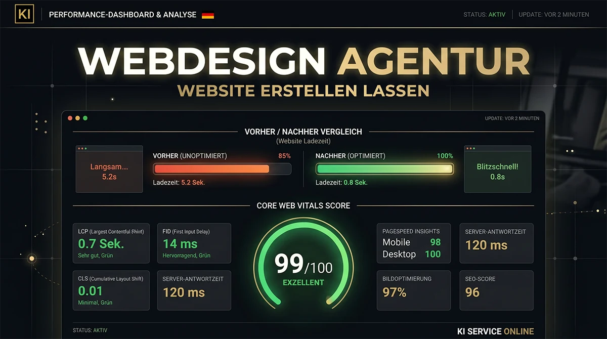 High Performance Website Ladezeit Vergleich: vorher 5,2s, nachher 0,8s, Core Web Vitals 99/100, PageSpeed Mobile 98, Desktop 100, KISO